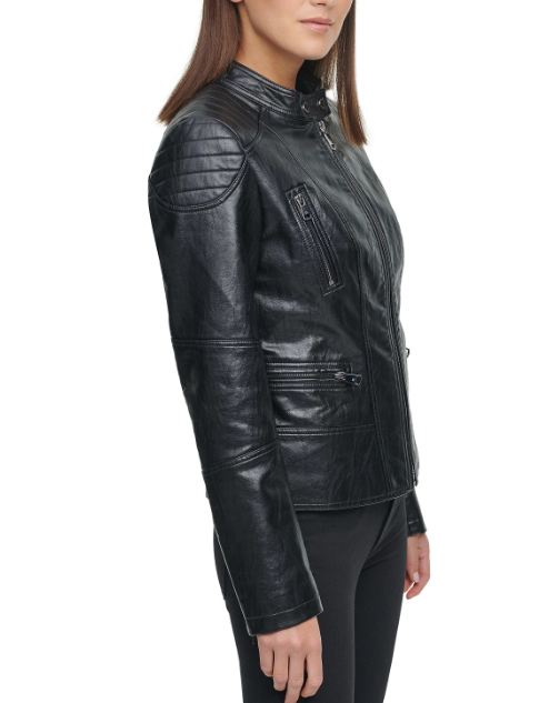 Black Motorcycle Style Faux Leather Jacket For Women