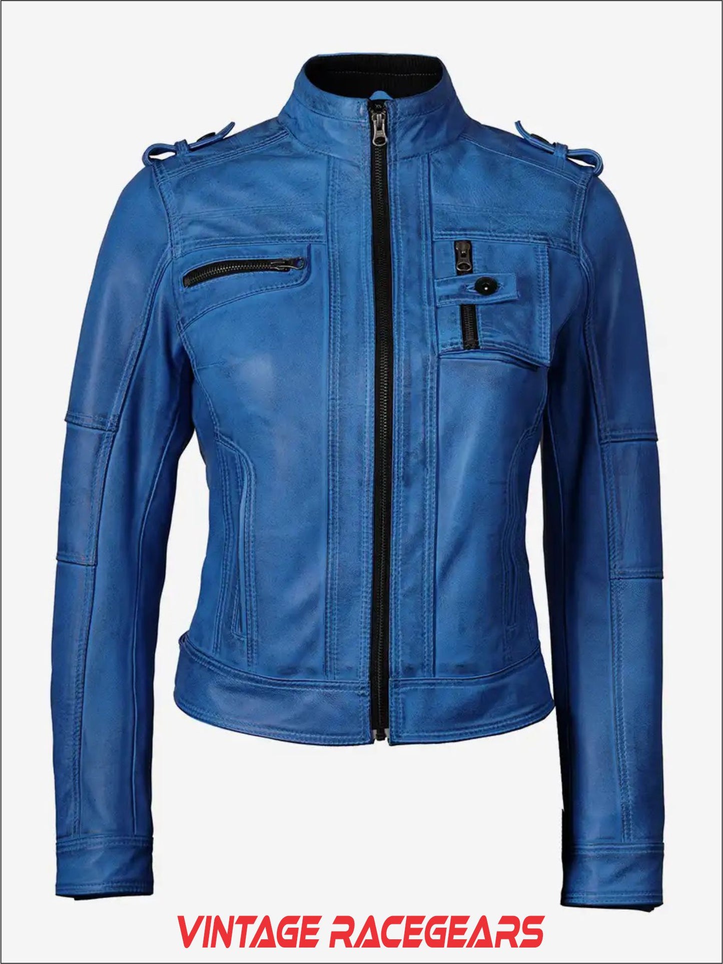 Women's Distressed Blue Leather Biker Jacket