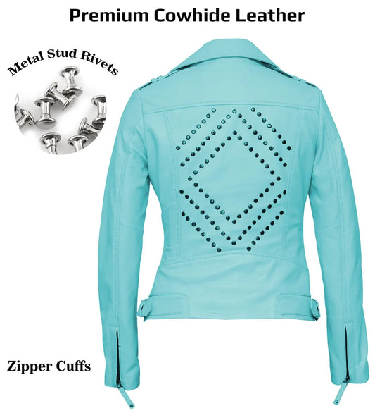 Sky Blue Cowhide Leather Biker Jacket - Women's Handmade Fit