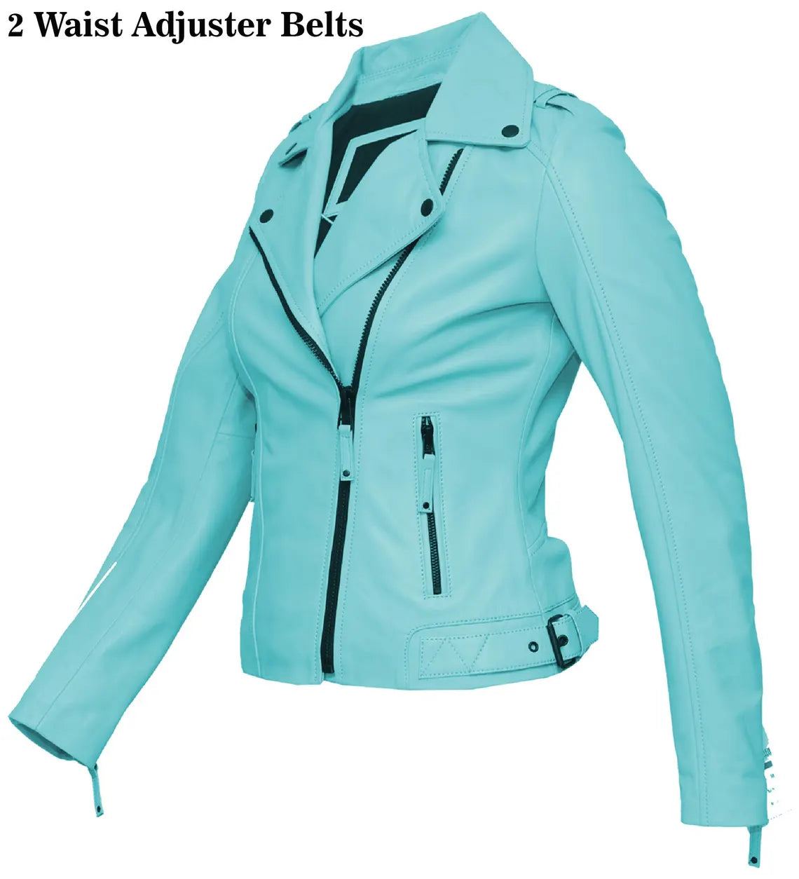 Sky Blue Cowhide Leather Biker Jacket - Women's Handmade Fit