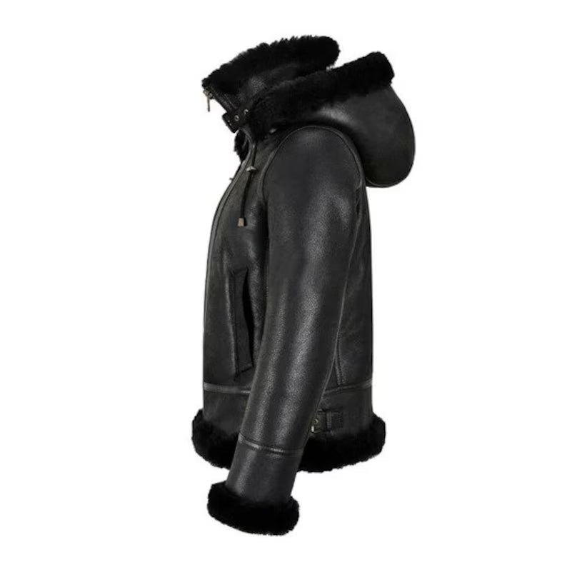 Women's B3 Bomber Hooded Classic Black Faux Shearling Jacket