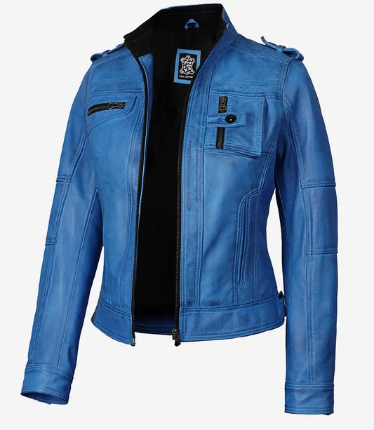 Women's Distressed Blue Leather Biker Jacket