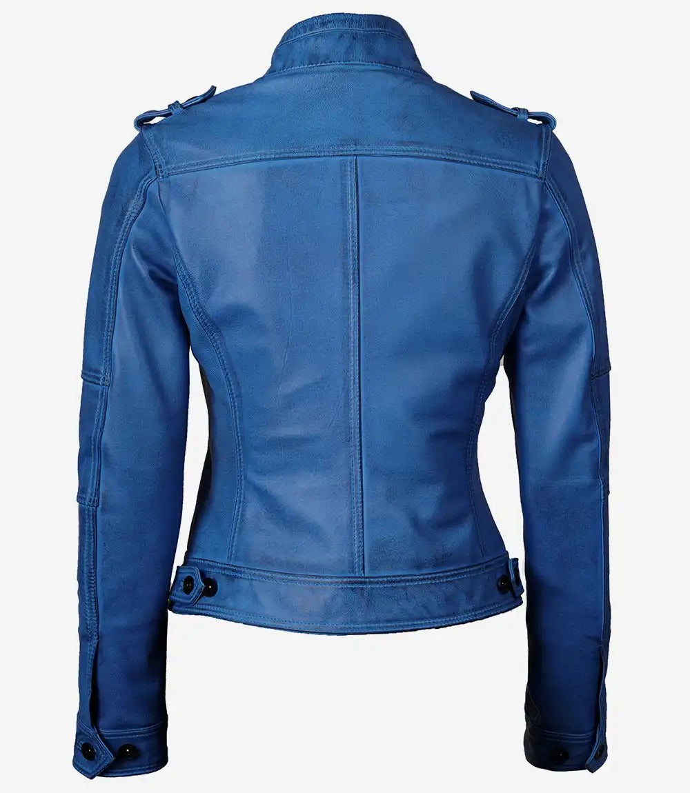 Women's Distressed Blue Leather Biker Jacket