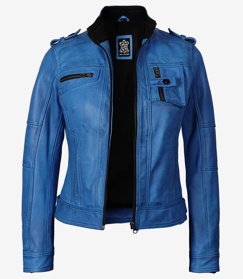 Women's Distressed Blue Leather Biker Jacket