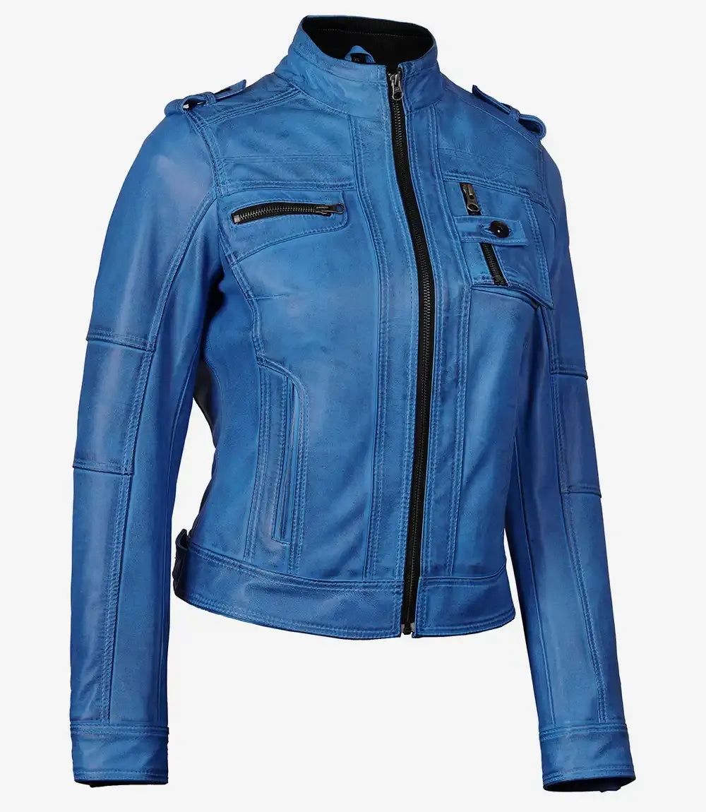 Women's Distressed Blue Leather Biker Jacket