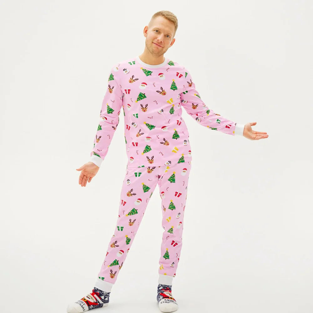 Pink Organic Polyester Christmas Pajamas for Adults with Festive Motifs