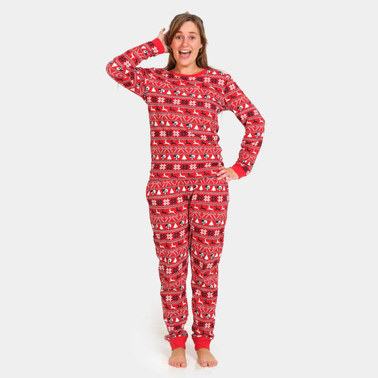 Red Organic Polyester Christmas Pajamas for Adults with Reindeer and Trees