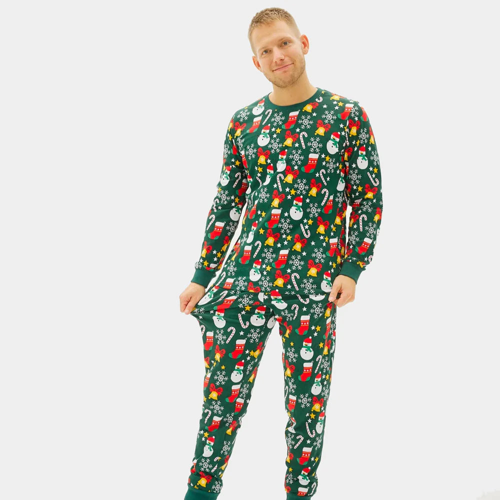 Green Organic Polyester Christmas Pajamas for Adults with Festive motifs