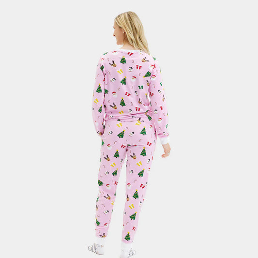 Pink Organic Polyester Christmas Pajamas for Adults with Festive Motifs