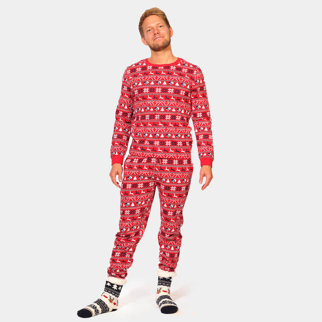 Red Organic Polyester Christmas Pajamas for Adults with Reindeer and Trees