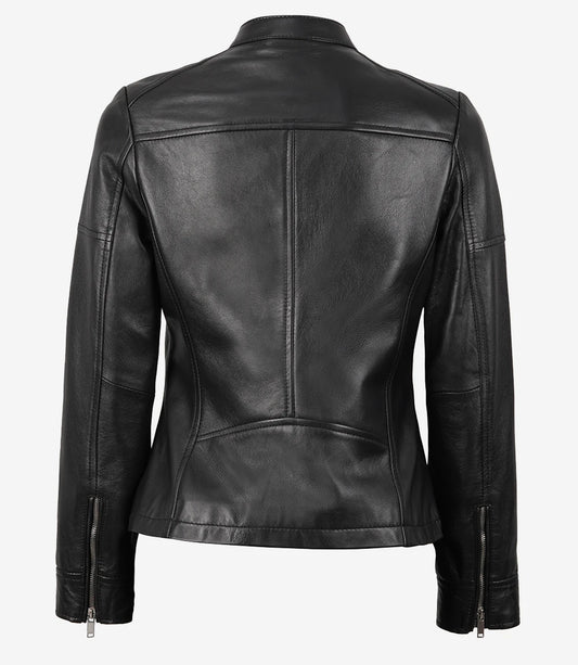 Women's Black Leather Cafe Racer Textured Jacket