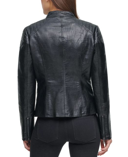Black Motorcycle Style Faux Leather Jacket For Women