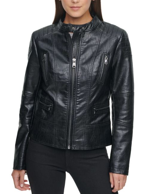Black Motorcycle Style Faux Leather Jacket For Women