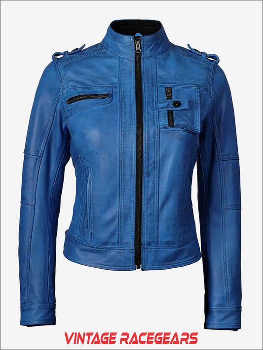 Women's Distressed Blue Leather Biker Jacket