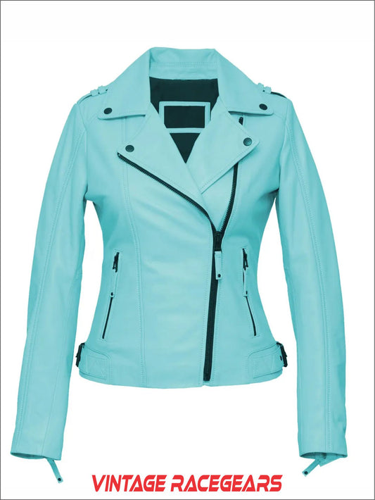 Sky Blue Cowhide Leather Biker Jacket - Women's Handmade Fit