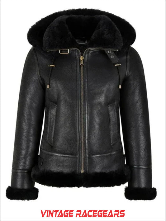 Women's B3 Bomber Hooded Classic Black Faux Shearling Jacket