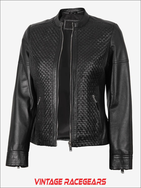 Women's Black Leather Cafe Racer Textured Jacket