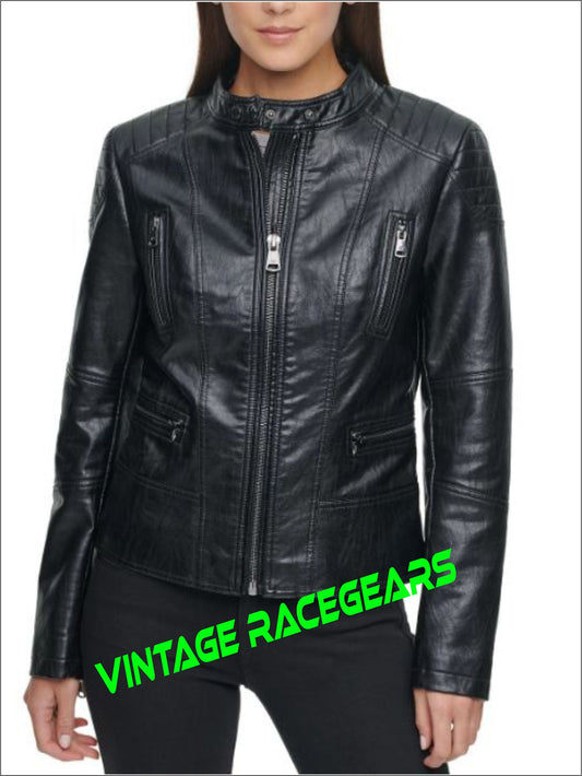 Black Motorcycle Style Faux Leather Jacket For Women
