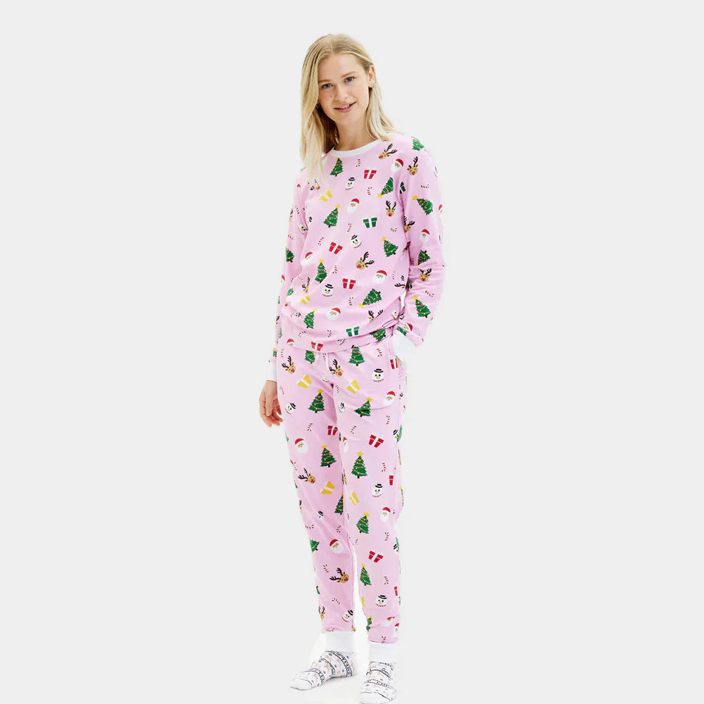 Pink Organic Polyester Christmas Pajamas for Adults with Festive Motifs