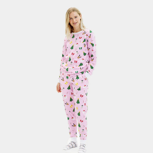 Pink Organic Polyester Christmas Pajamas for Adults with Festive Motifs