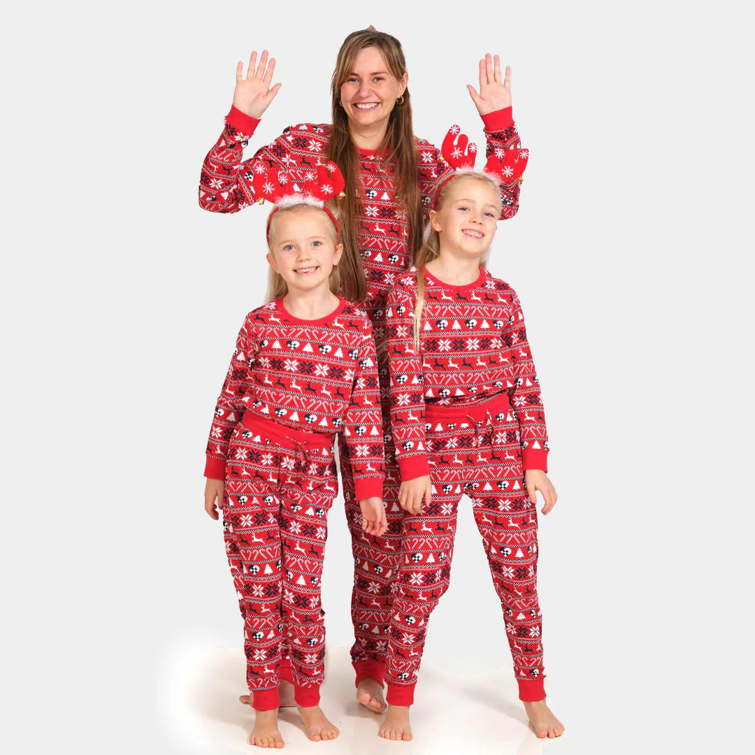 Red Organic Polyester  Christmas Pajamas for Adults with Reindeer and Trees