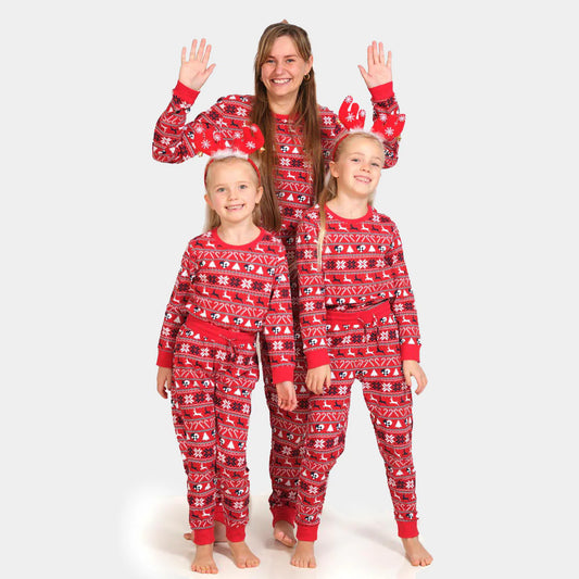 Red Organic Polyester  Christmas Pajamas for Adults with Reindeer and Trees