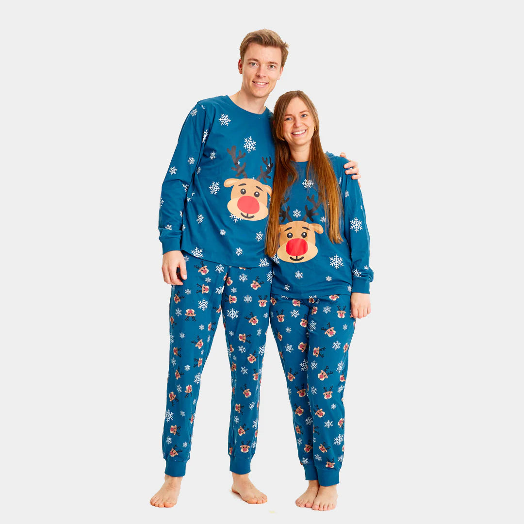 Blue Organic Polyester Christmas Pajamas for Adults with Rudolph