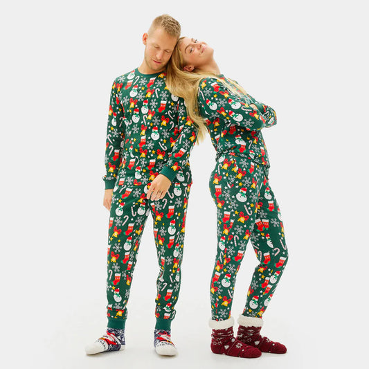 Green Organic Polyester  Christmas Pajamas for Adults with Festive motifs
