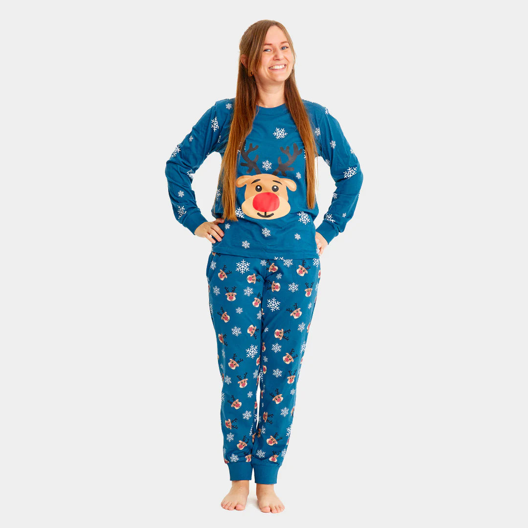 Blue Organic Polyester Christmas Pajamas for Adults with Rudolph