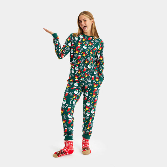 Green Organic Polyester  Christmas Pajamas for Adults with Festive motifs