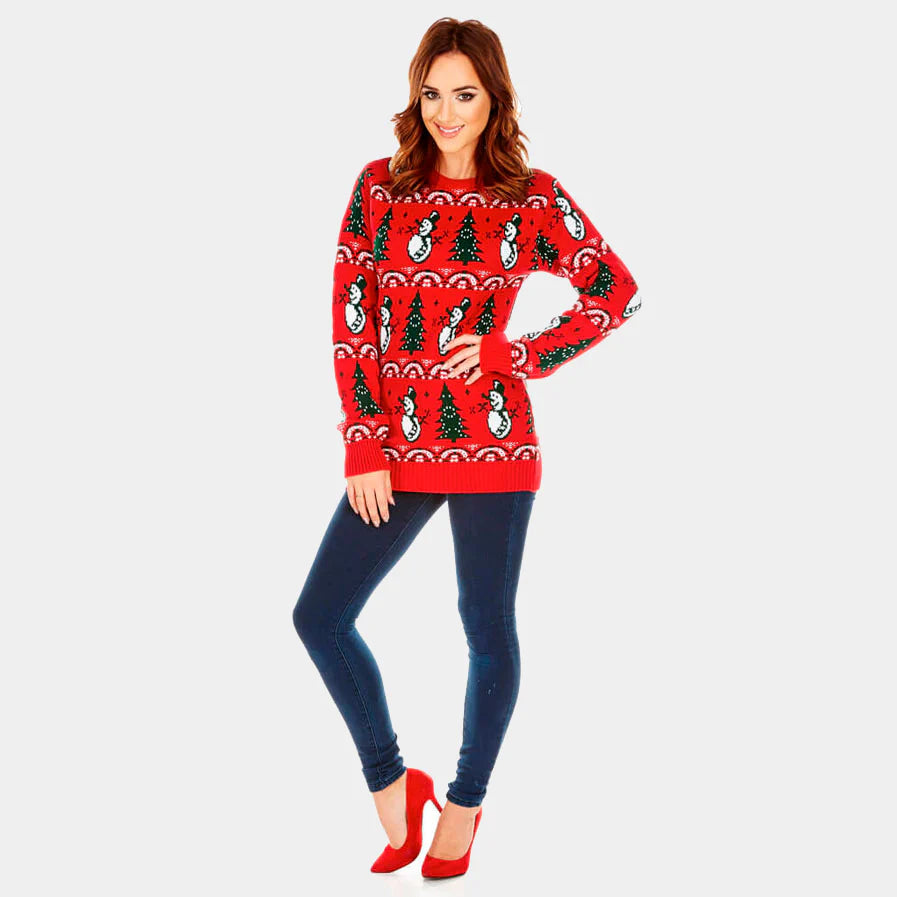 Women's Red Christmas with Trees and Snowmen Polyester Sweatshirt