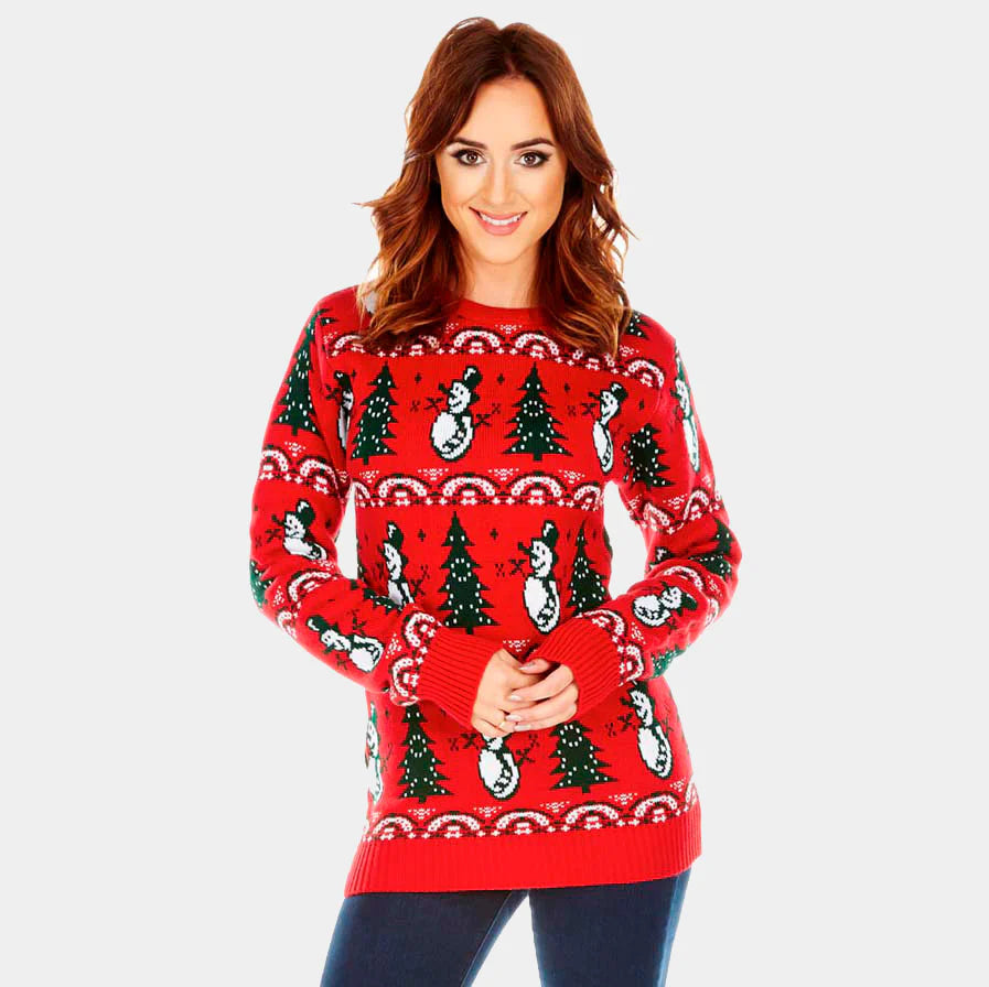 Women's Red Christmas with Trees and Snowmen Polyester Sweatshirt