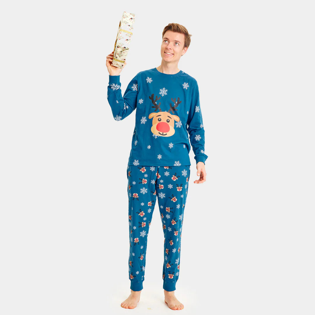 Blue Organic Polyester Christmas Pajamas for Adults with Rudolph